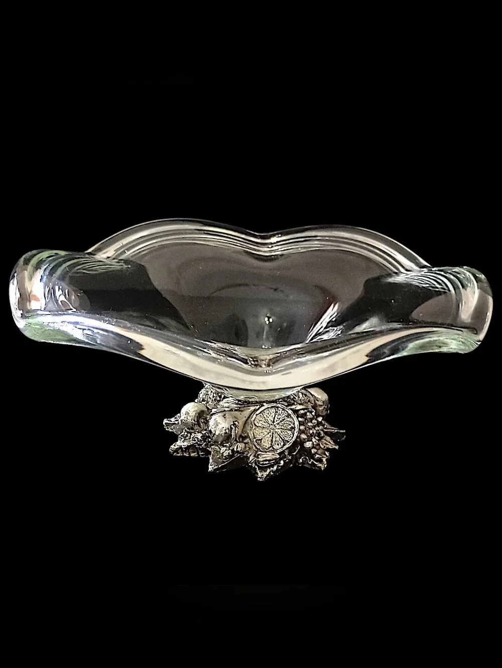Vintage Murano Cristal Line Compote Bowl Dish Silver Tone Fruit Pedestal Italy